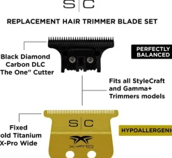 StyleCraft Replacement Fixed Gold Titanium X-Pro Wide Hair Trimmer Blade with The One